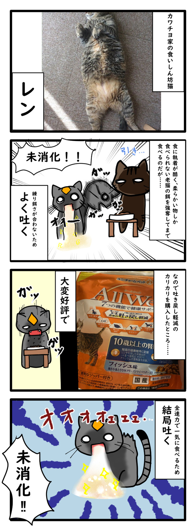 猫がカリカリを爆食いして未消化で吐いてしまう四コマ漫画
