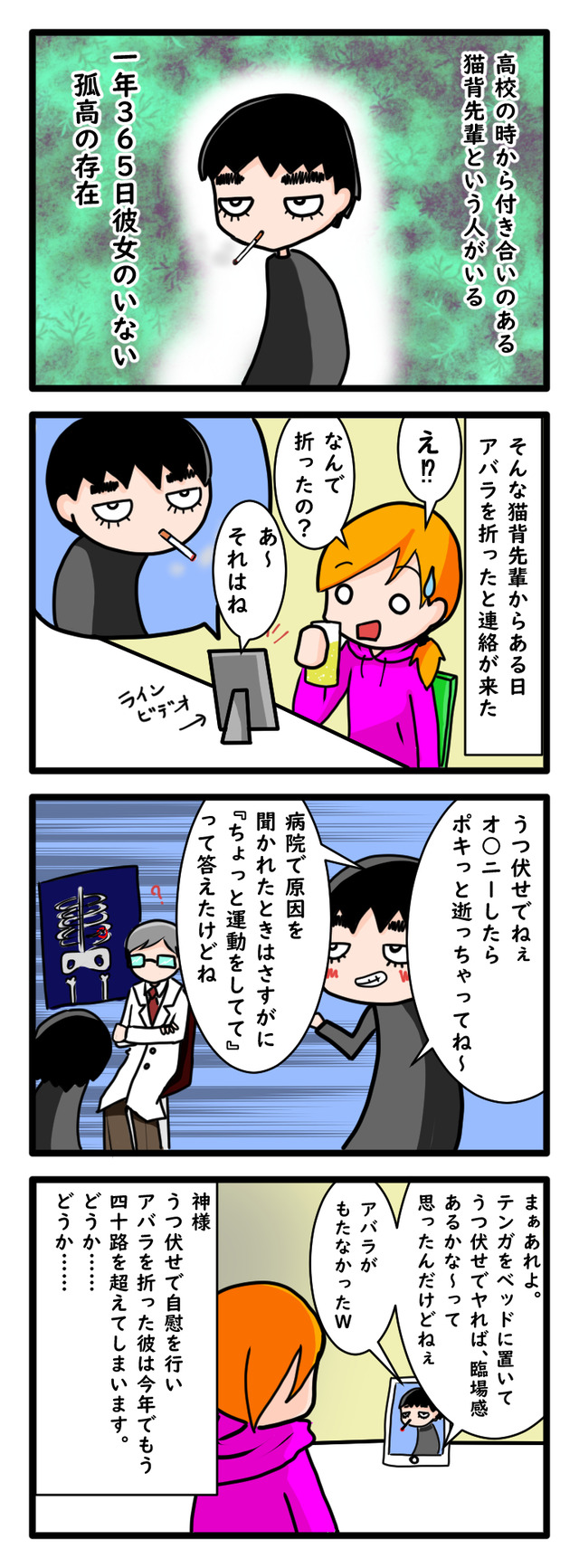 猫背先輩がうつ伏せで●●してアバラを折った話を描いた四コマ漫画
