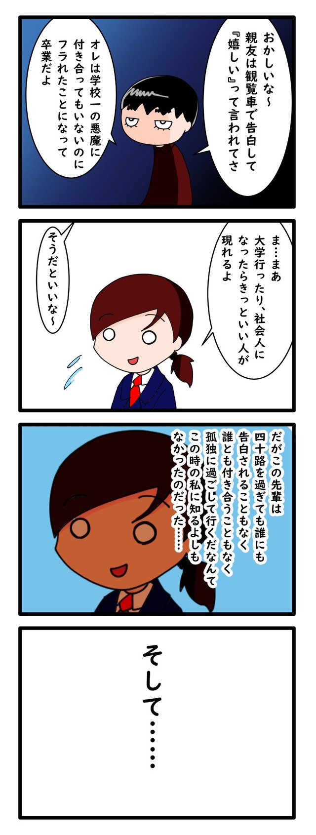 卒業式後に恋愛で孤独街道を歩むことになる猫背先輩の4コマ漫画
